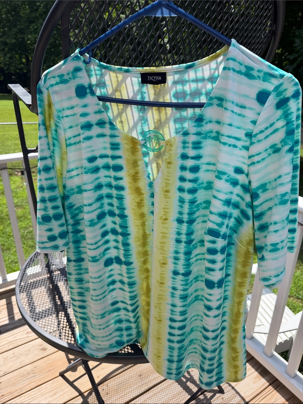 Tacera Teal & Lime Stripe Tie-Dye V-Neck Top